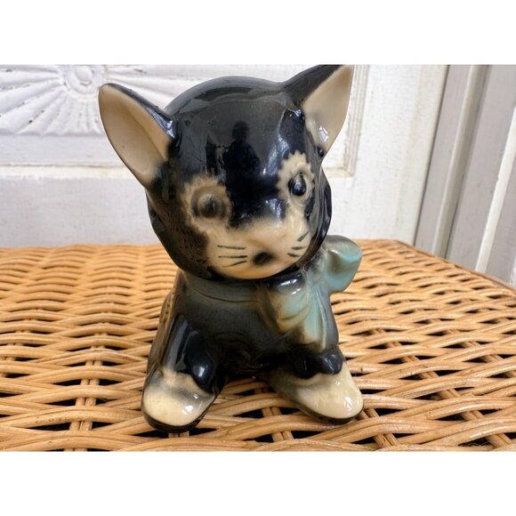 Vintage Shawnee Pottery Small Black Kitten With Bow Planter - Picture 1 of 7